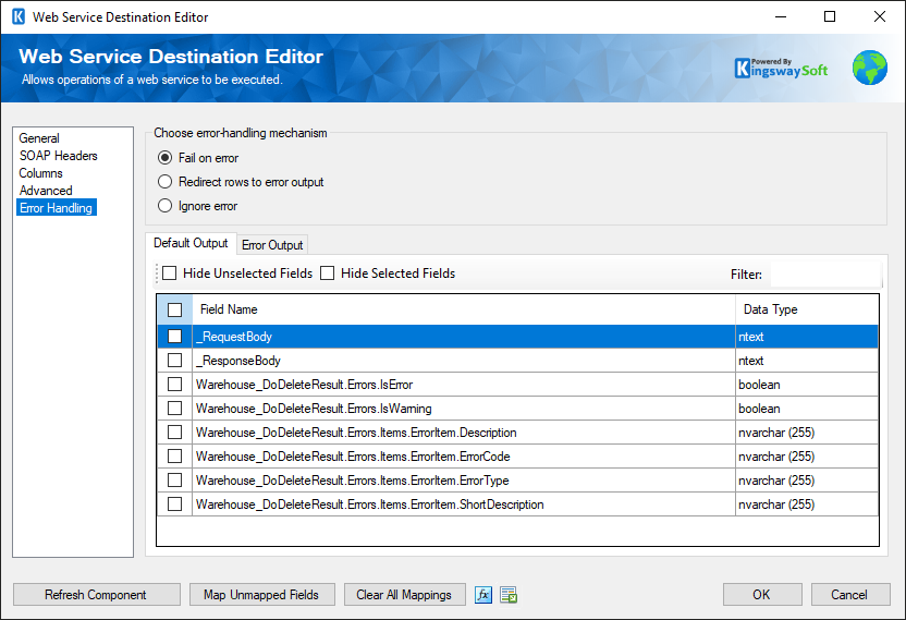 SSIS Web Service Destination - Error Handling